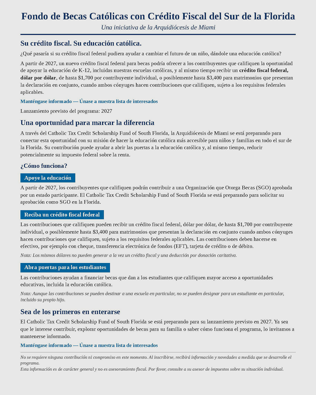 Fondo de Becas Católicas con Crédito Fiscal del Sur de la Florida                                                                                                                                                                                                                                         